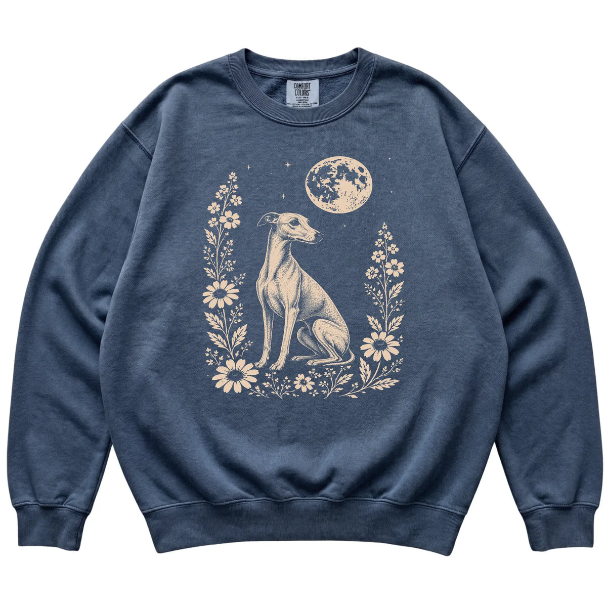 Denim Moon Flowers Whippet Comfort Colors sweatshirt, flat view