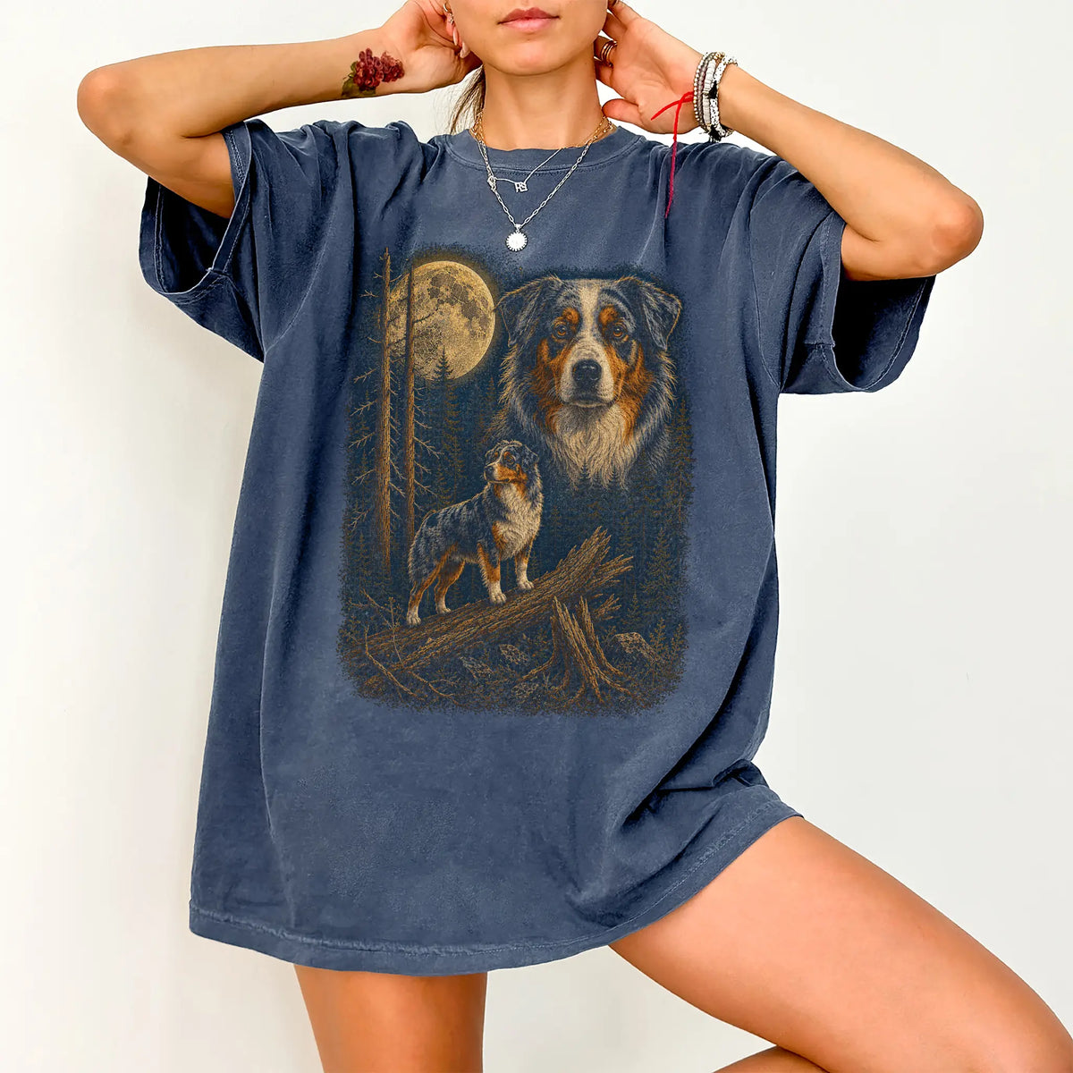 Person wearing a Denim Australian Shepherd Wildwood Moon t-shirt