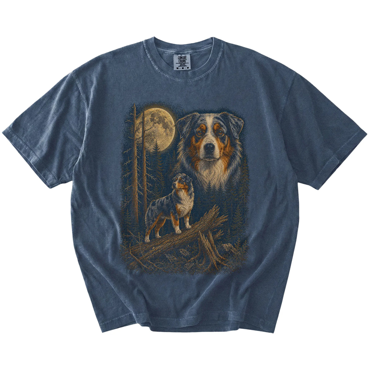 Australian Shepherd in a moonlit forest on a Denim t-shirt