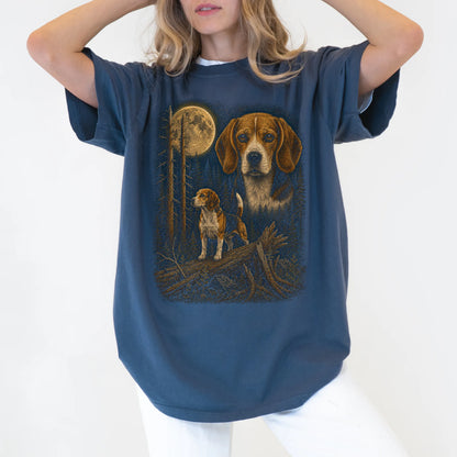 Person wearing a Denim Beagle Wildwood Moon t-shirt