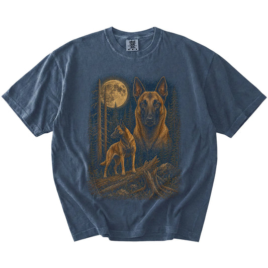 Belgian Malinois in a full-color moonlit forest on a Denim t-shirt