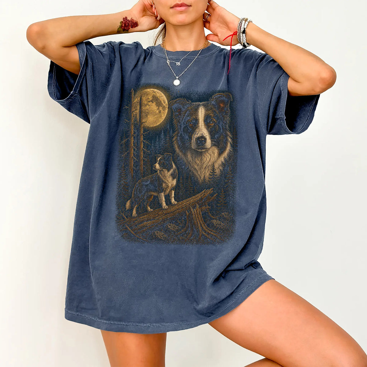 Person wearing a Denim Border Collie Wildwood Moon t-shirt