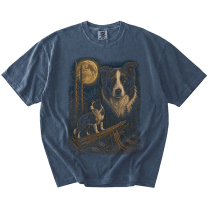 Border Collie in a moonlit forest on a Denim t-shirt