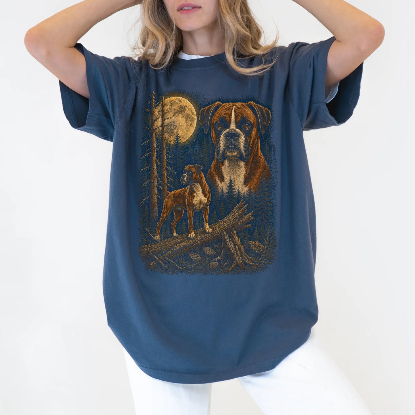 Person wearing a Denim Boxer full-color Moonlit Forest t-shirt