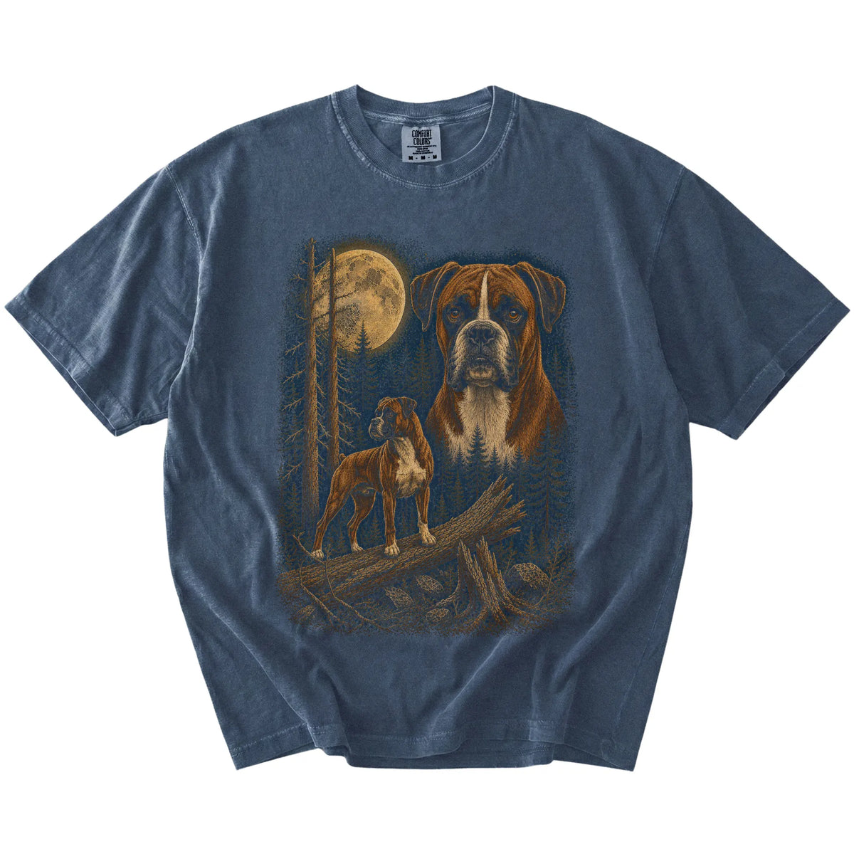 Boxer in a full-color moonlit forest on a Denim t-shirt