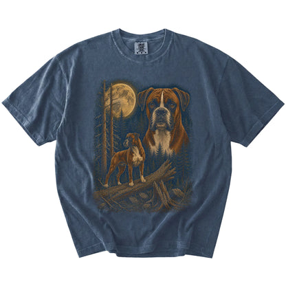 Boxer in a full-color moonlit forest on a Denim t-shirt
