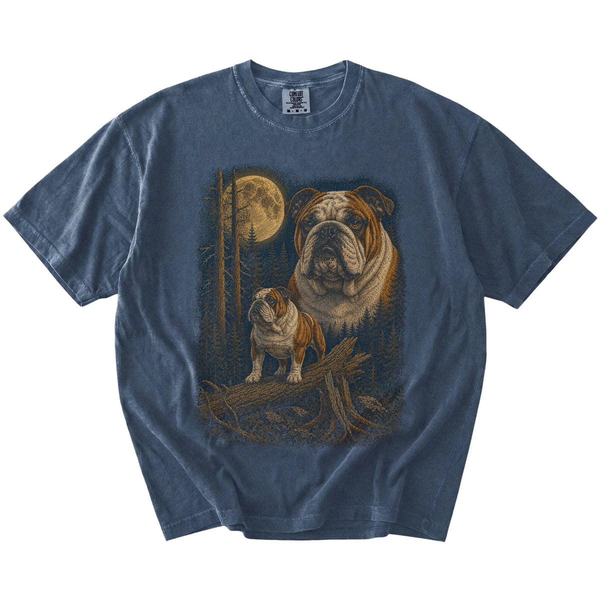 Bulldog in a moonlit forest on a Denim t-shirt
