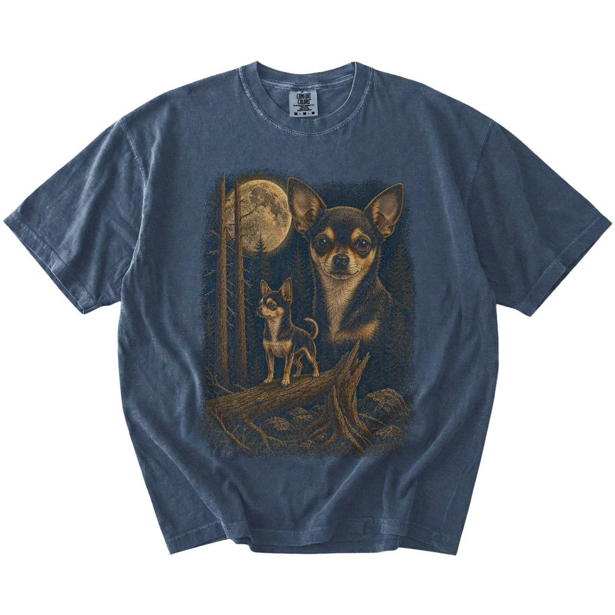 Chihuahua in a moonlit forest on a Denim t-shirt