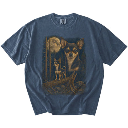 Chihuahua in a moonlit forest on a Denim t-shirt