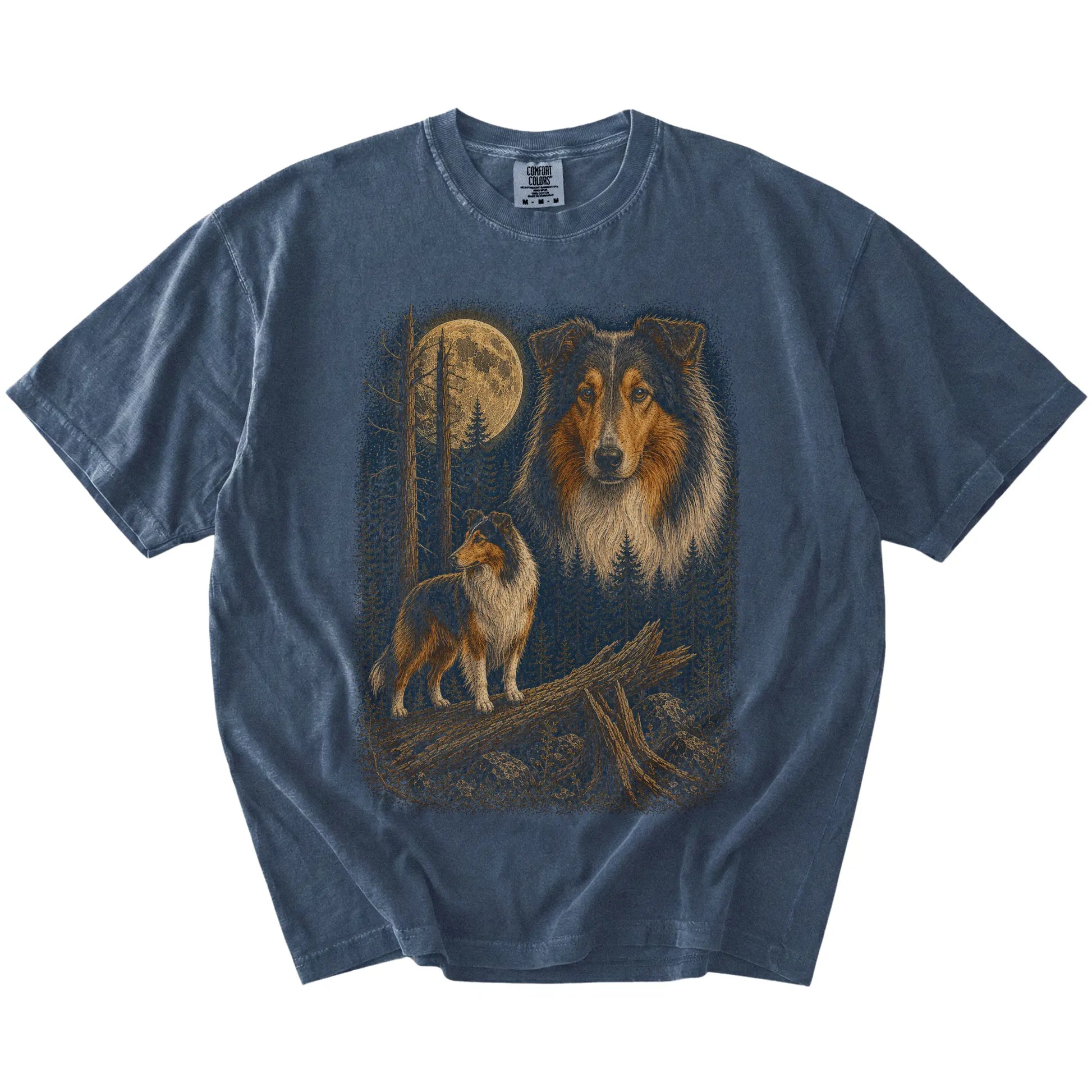Collie in a full-color moonlit forest on a Denim t-shirt