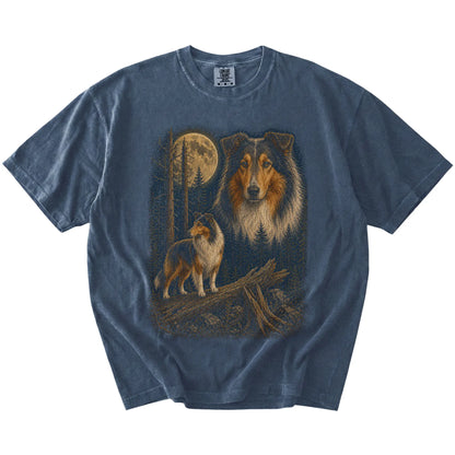 Collie in a full-color moonlit forest on a Denim t-shirt