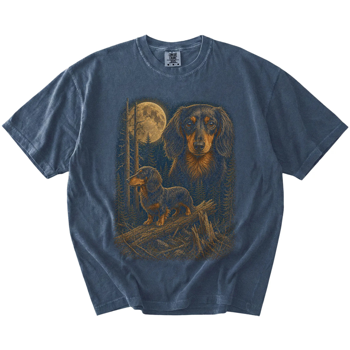 Dachshund in a full-color moonlit forest on a Denim t-shirt