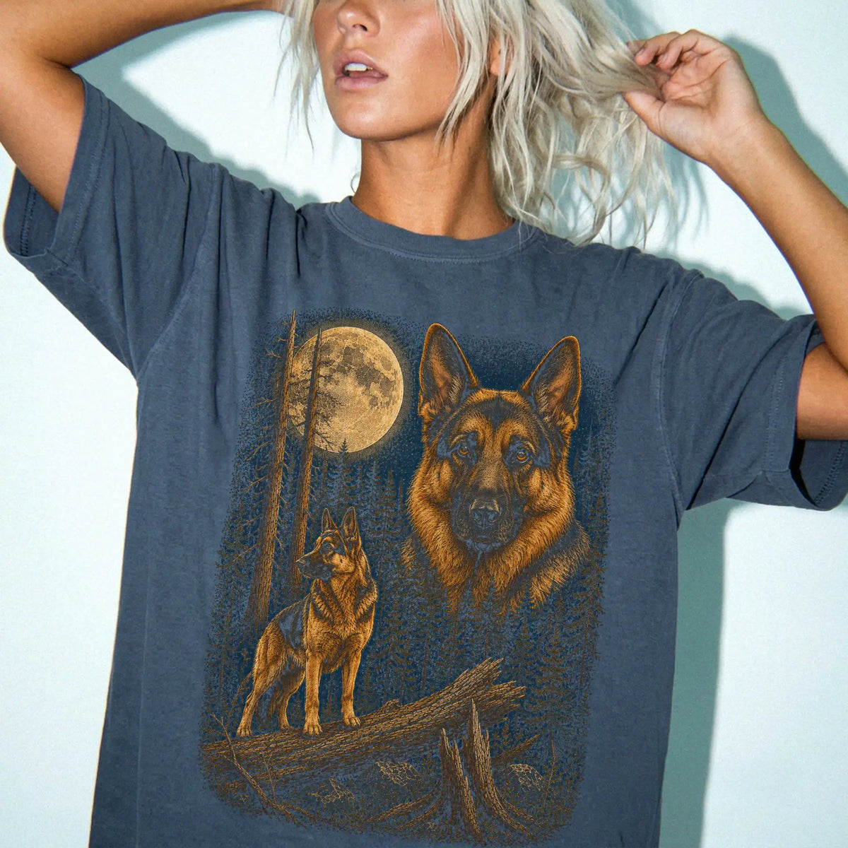 Person wearing a Denim German Shepherd full-color Moonlit Forest t-shirt