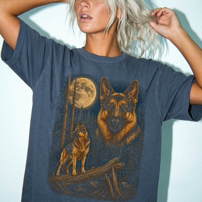 Person wearing a Denim German Shepherd full-color Moonlit Forest t-shirt