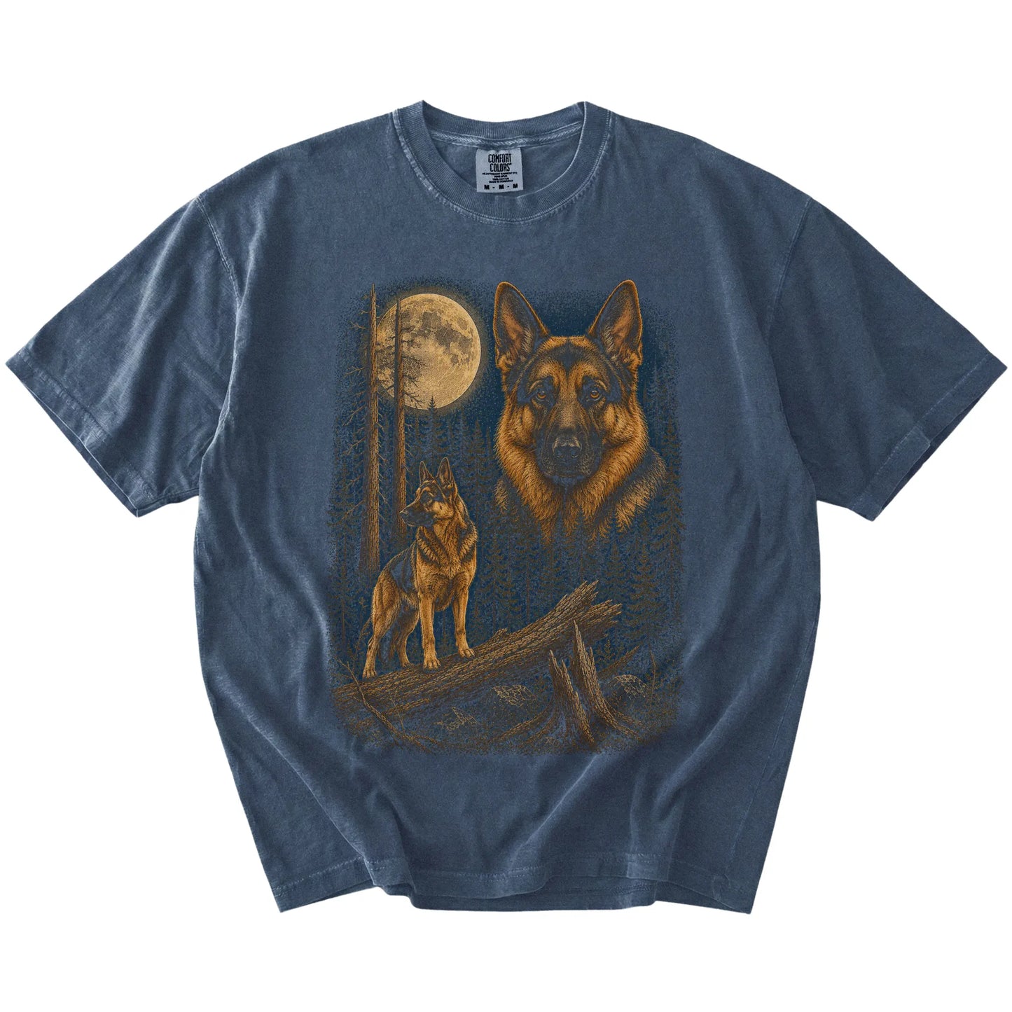 German Shepherd in a full-color moonlit forest on a Denim t-shirt