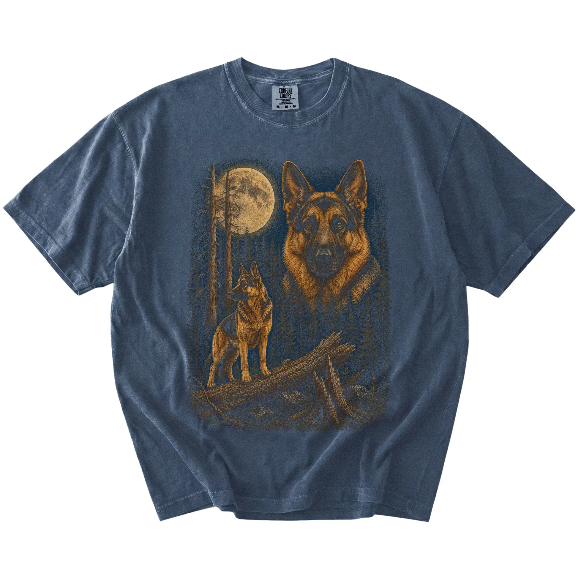 German Shepherd in a full-color moonlit forest on a Denim t-shirt