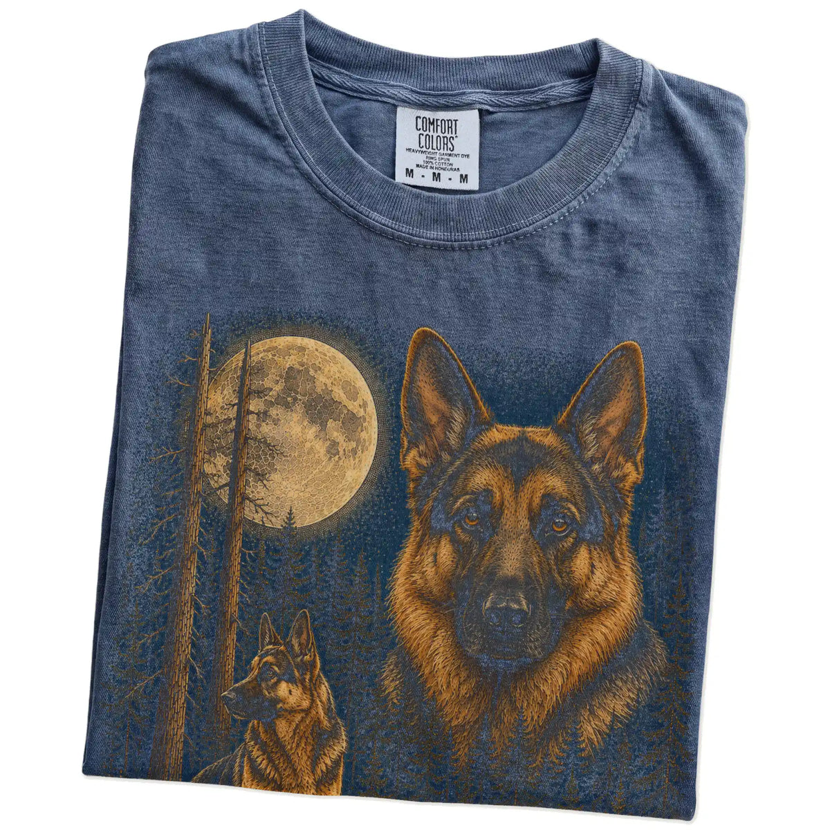 Folded Denim German Shepherd full-color Moonlit Forest t-shirt