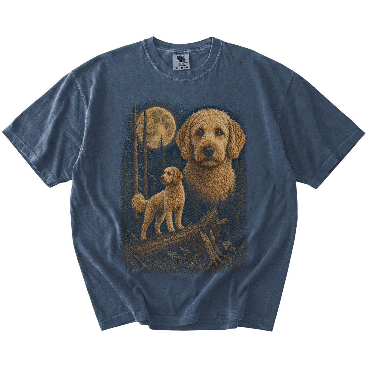 Goldendoodle in a moonlit forest on a Denim t-shirt