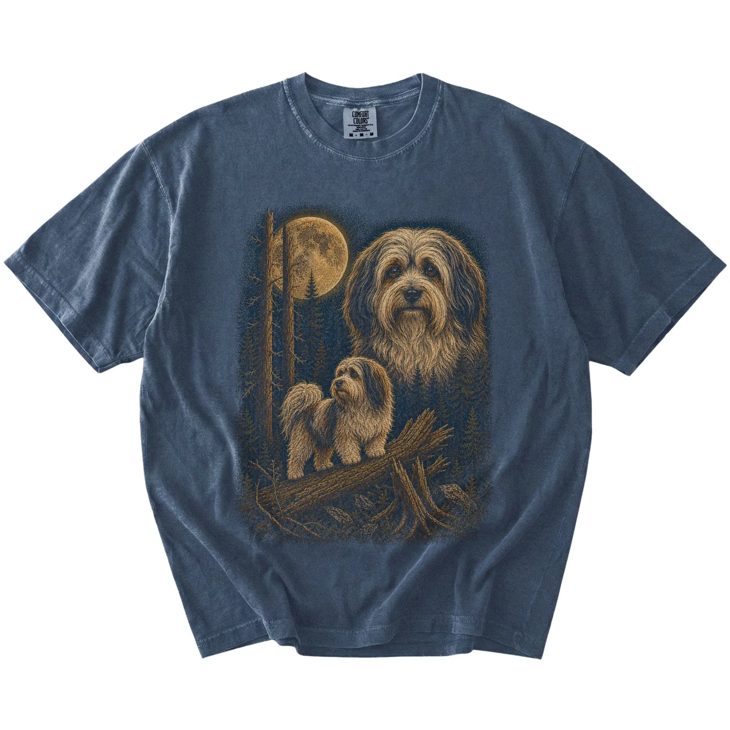 Havanese in a full-color moonlit forest on a Denim t-shirt