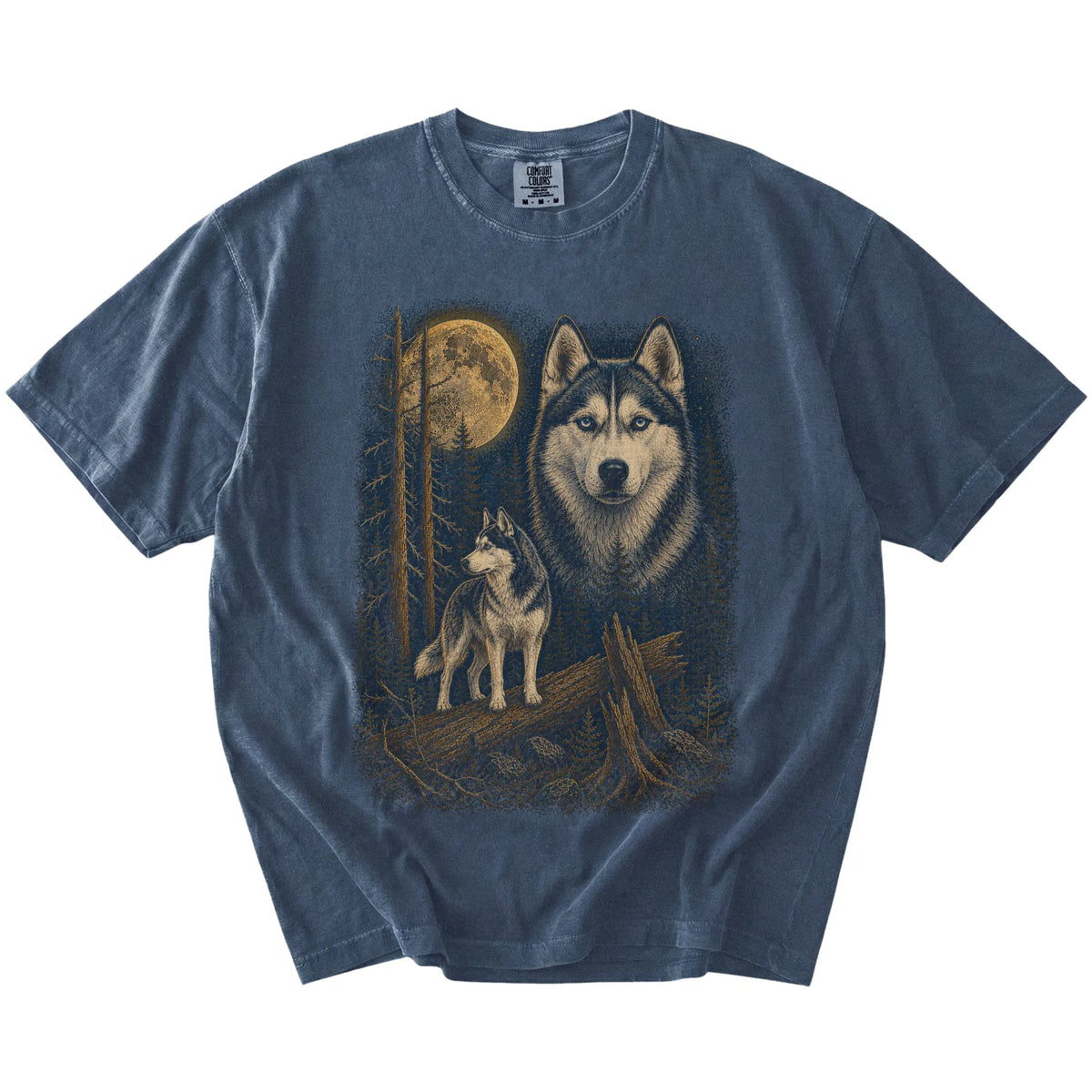 Husky in a moonlit forest on a Denim t-shirt