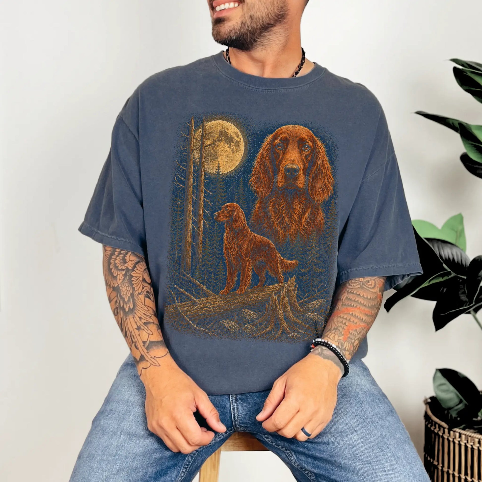 Person wearing a Denim Irish Setter full-color Moonlit Forest t-shirt