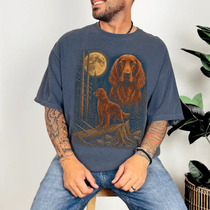 Person wearing a Denim Irish Setter full-color Moonlit Forest t-shirt
