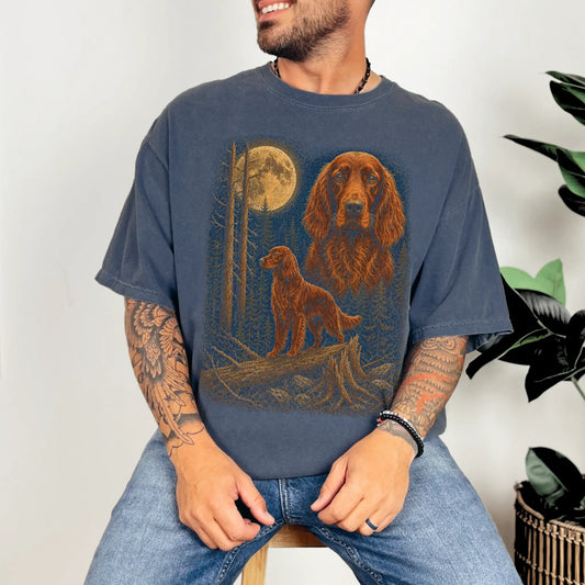 Person wearing a Denim Irish Setter full-color Moonlit Forest t-shirt