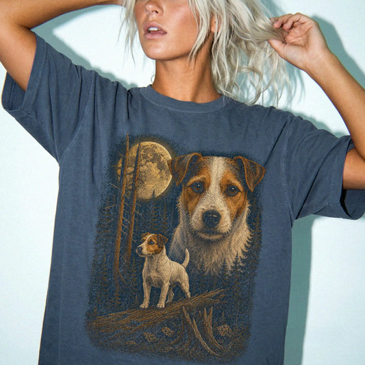 Person wearing a Denim Jack Russell full-color Moonlit Forest t-shirt