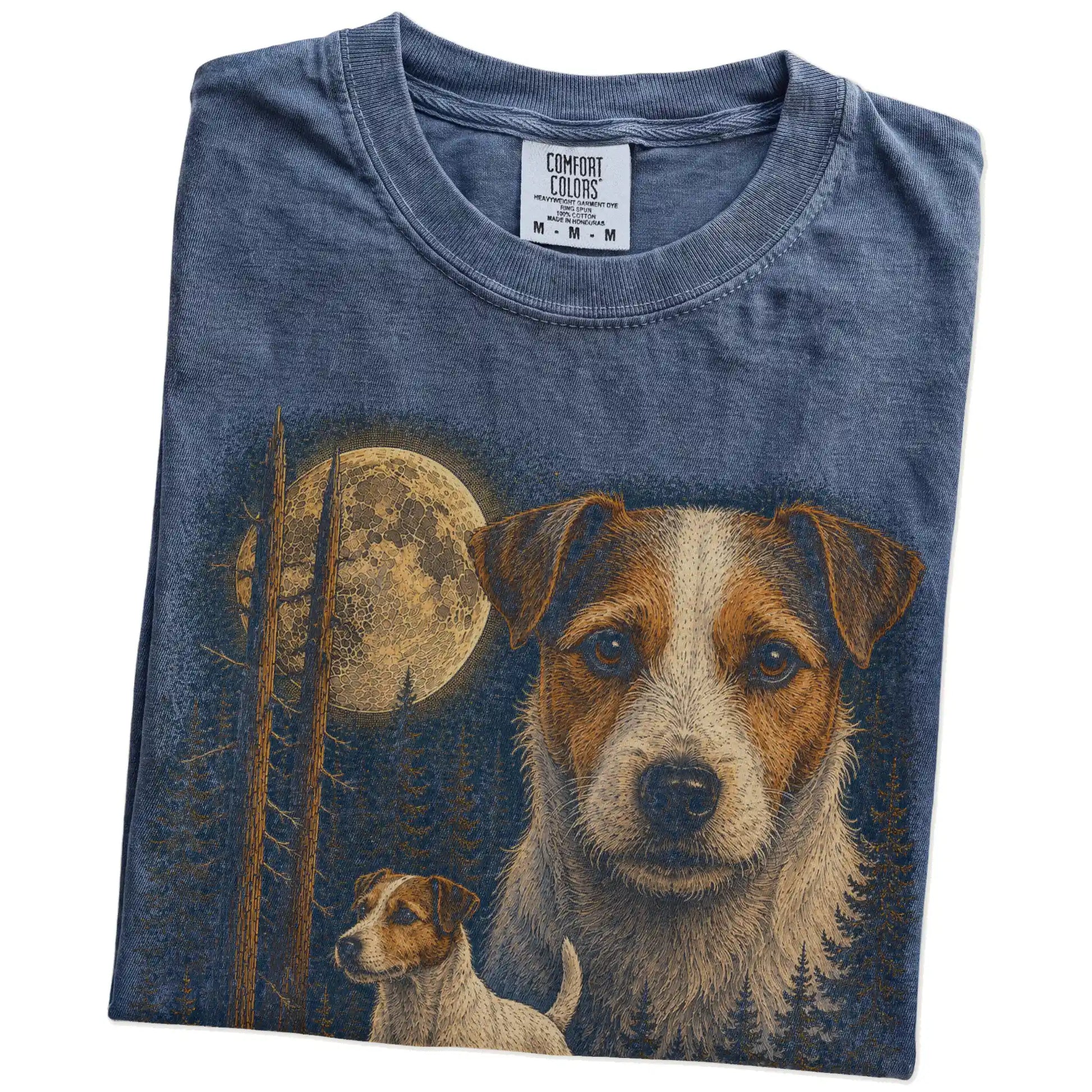 Folded Denim Jack Russell full-color Moonlit Forest t-shirt