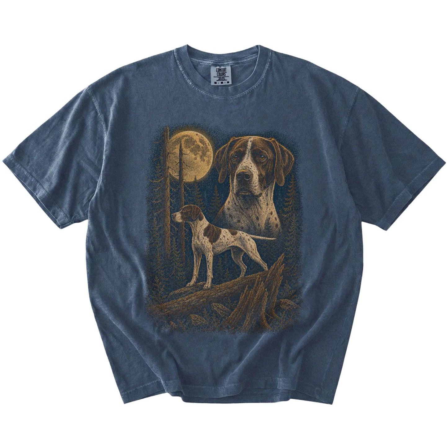 Pointer in a full-color moonlit forest on a Denim t-shirt
