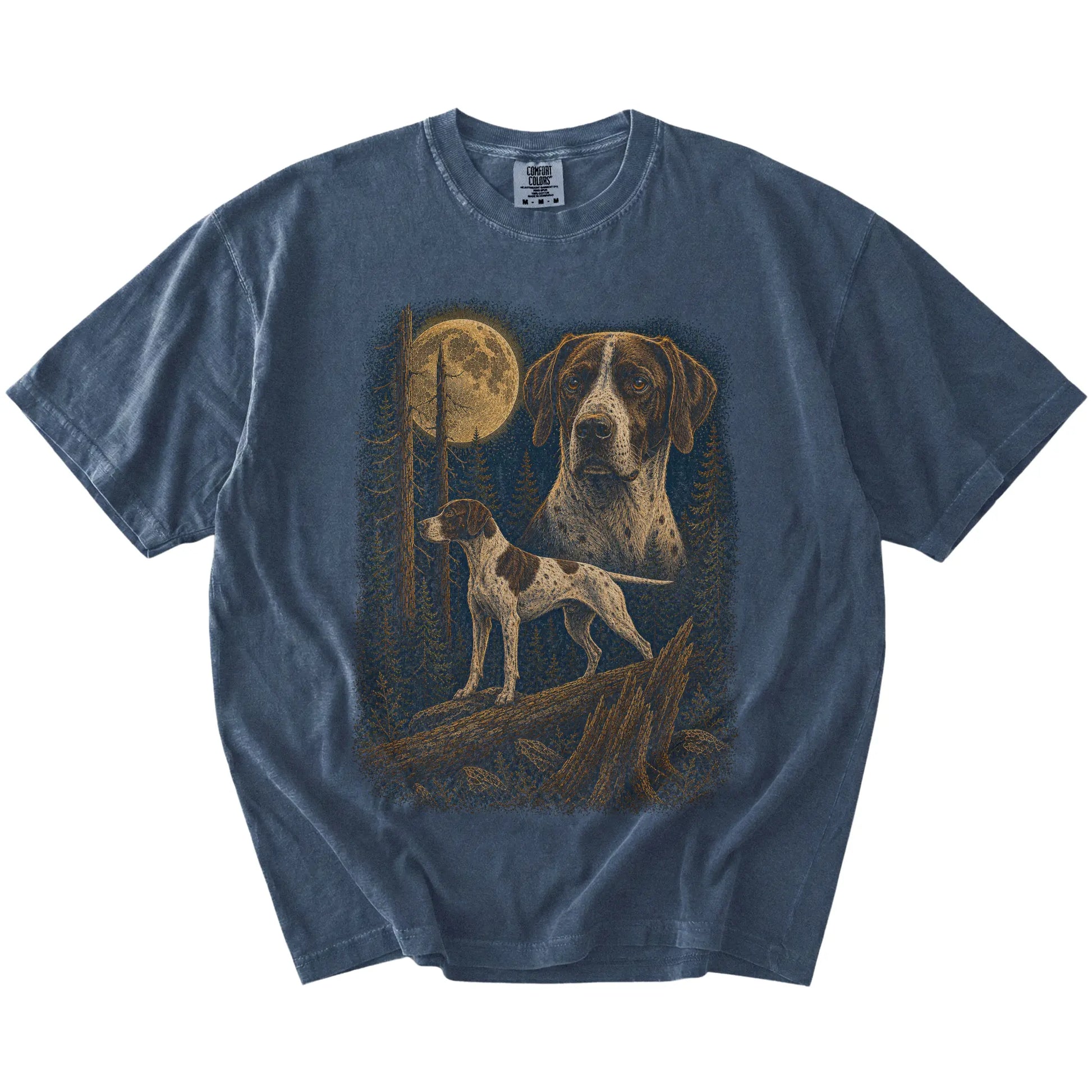 Pointer in a full-color moonlit forest on a Denim t-shirt