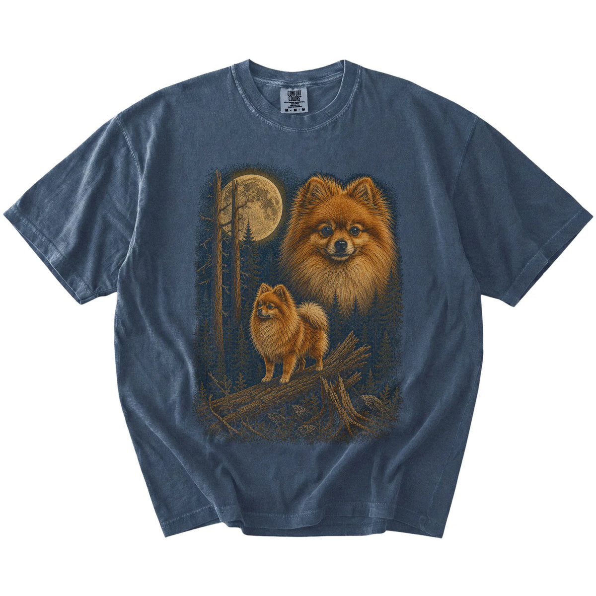 Pomeranian in a full-color moonlit forest on a Denim t-shirt