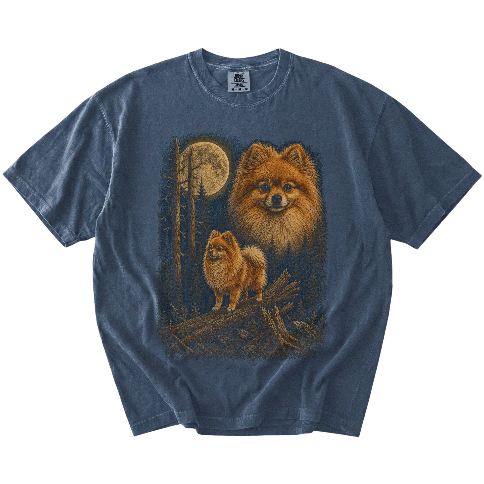 Pomeranian in a full-color moonlit forest on a Denim t-shirt