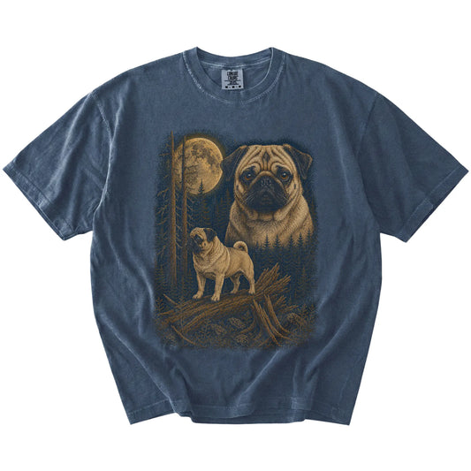 Pug in a full-color moonlit forest on a Denim t-shirt