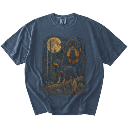 Rottweiler in a moonlit forest on a Denim t-shirt