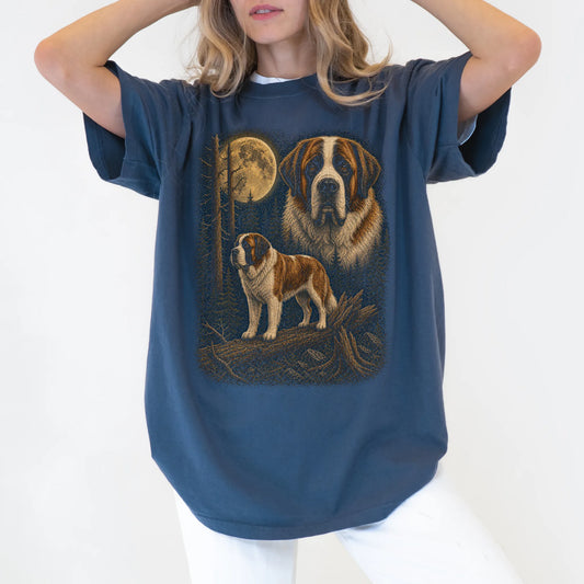 Person wearing a Denim Saint Bernard full-color Moonlit Forest t-shirt