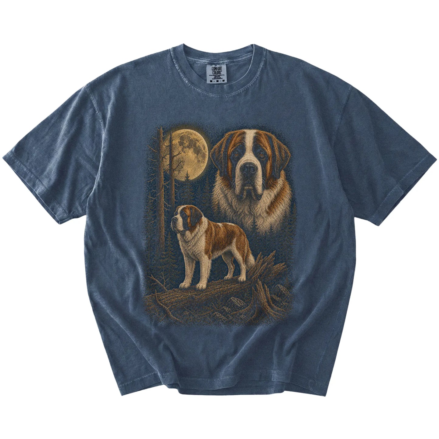 Saint Bernard in a full-color moonlit forest on a Denim t-shirt