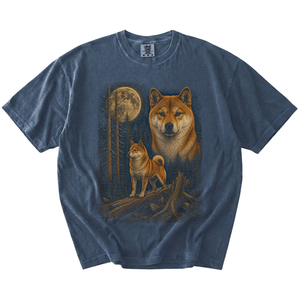 Shiba Inu in a full-color moonlit forest on a Denim t-shirt