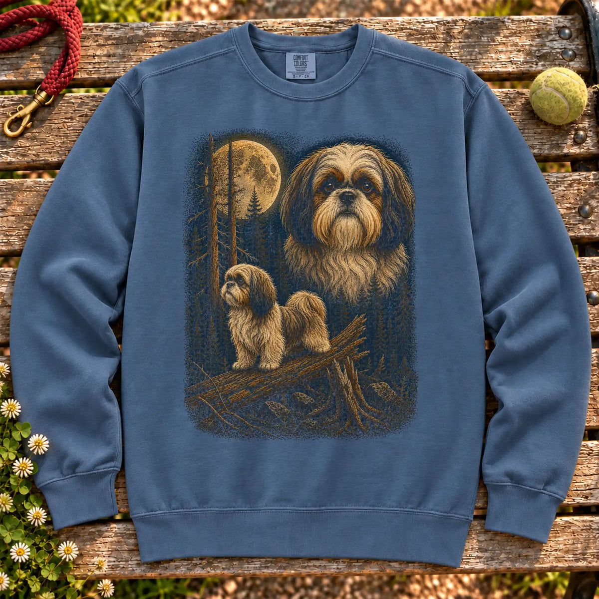 Shih Tzu Wildwood Moon design on a Denim crewneck sweatshirt shown flat