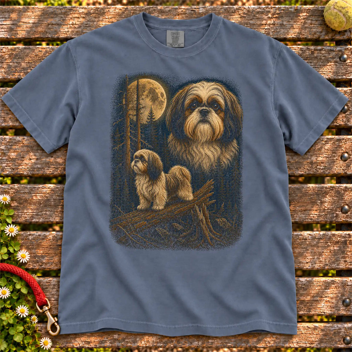 Shih Tzu Wildwood Moon design on a Denim T-shirt shown flat