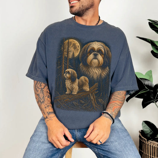 Person wearing a Denim Shih Tzu Wildwood Moon t-shirt