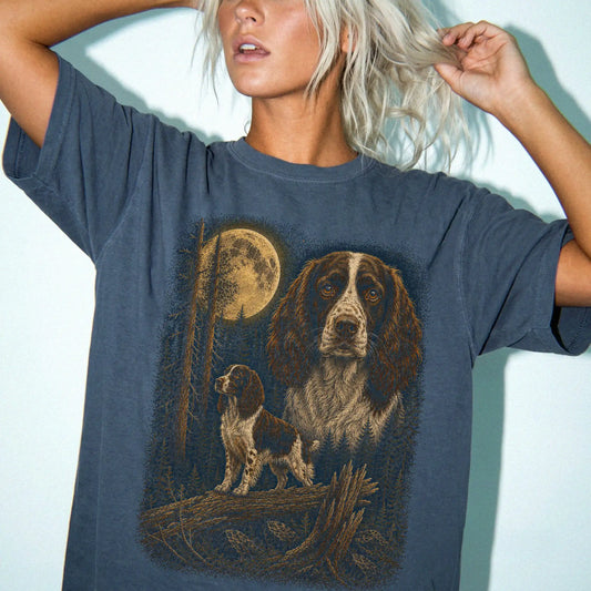 Person wearing a Denim Springer Spaniel Wildwood Moon t-shirt