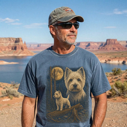 Person wearing a Denim Westie full-color Moonlit Forest t-shirt