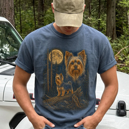 Person wearing a Denim Yorkie full-color Moonlit Forest t-shirt