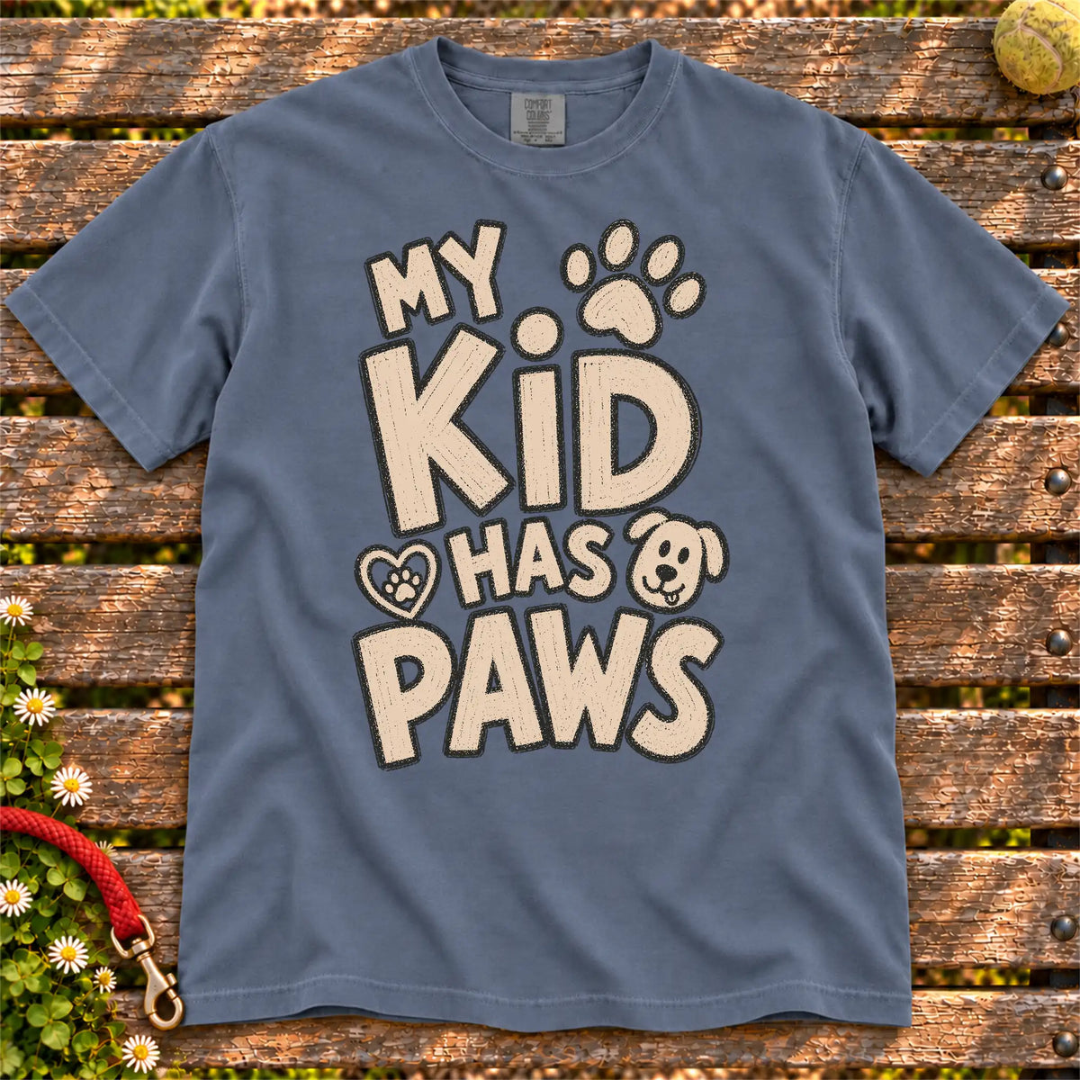 My Kid Has Paws design on a Denim Comfort Colors T-shirt, shown flat
