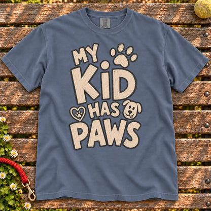 My Kid Has Paws design on a Denim Comfort Colors T-shirt, shown flat