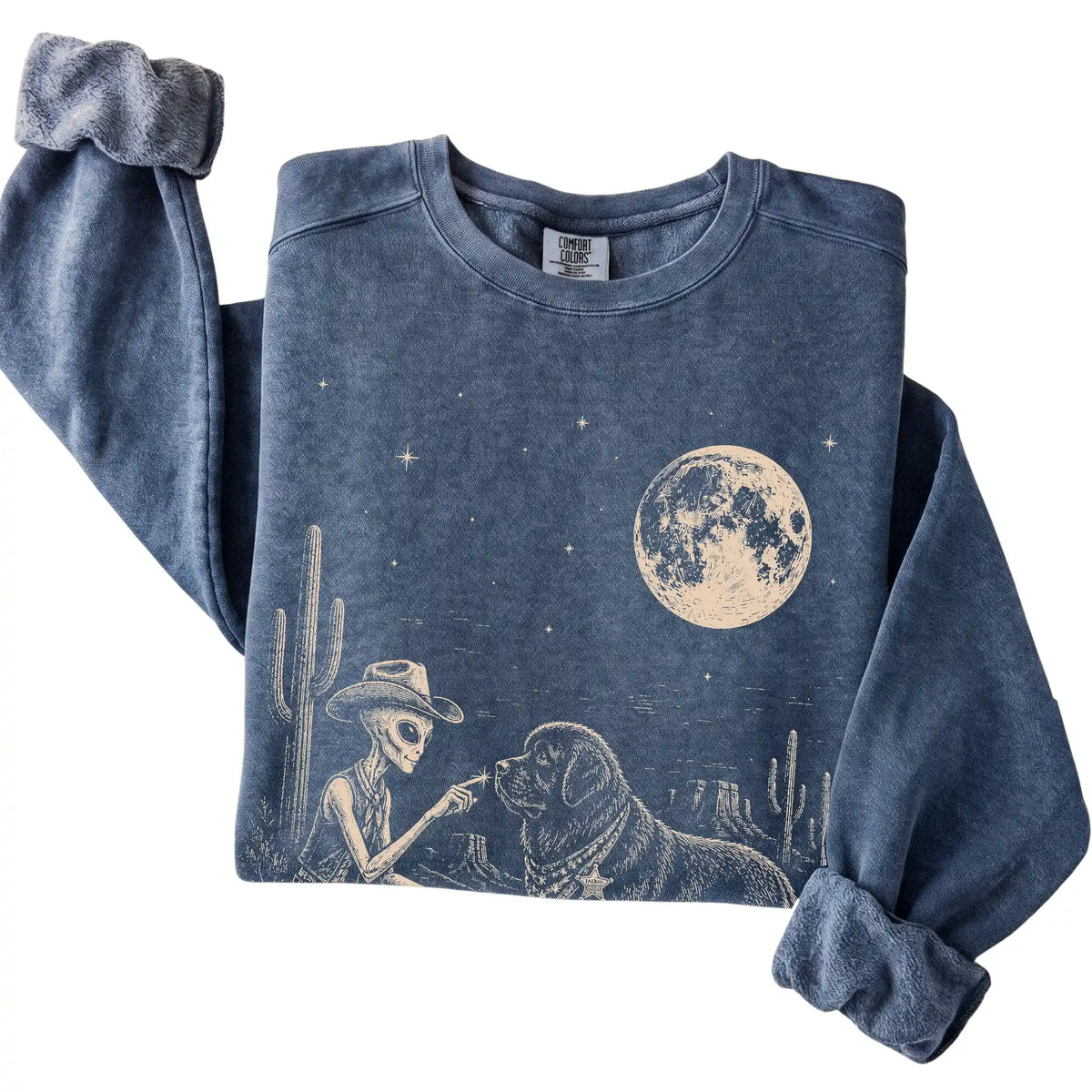 Denim Comfort Colors® sweatshirt featuring Newfie Cowboy and Alien, folded presentation