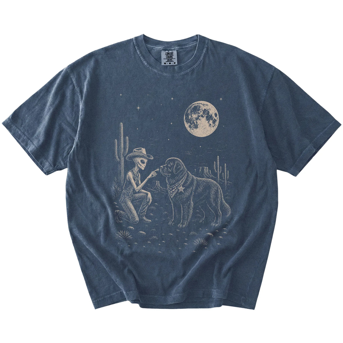 Cowboy alien fist-bumping a Newfie beneath the moon on a Denim Comfort Colors® T-shirt