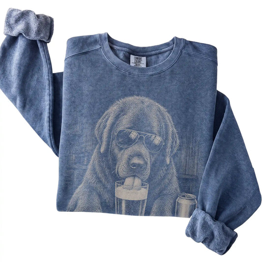 Denim Newfie drinking from a pint at a bar, folded detail view