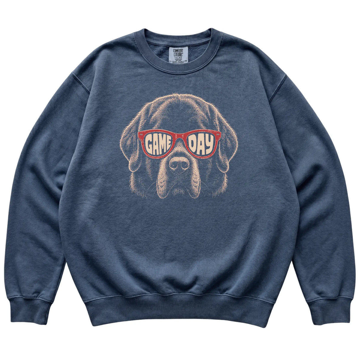 Denim Newfie Game Day Sunglasses sweatshirt, laid flat
